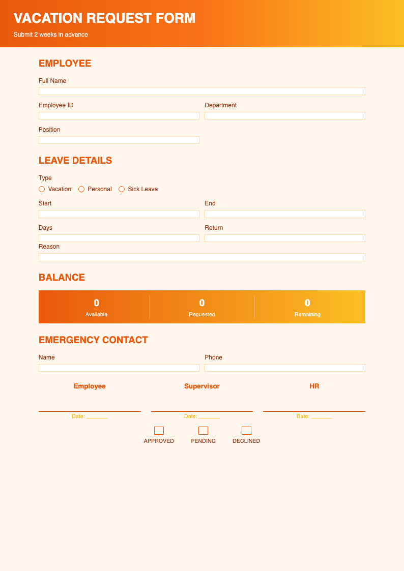 Sunset gradient vacation form